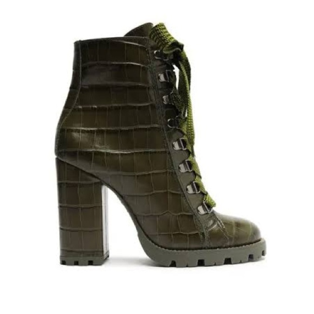 SCHUTZ Olive Croc-Embossed Lace-Up Block Heel Boot
